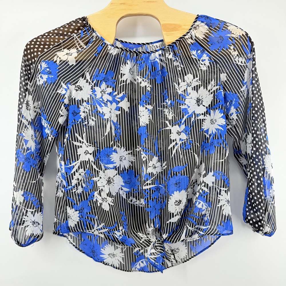 Lightweight Floral Sheer Blouse Womens Medium‎ Polka Dot Stripes 3/4 Sleeve Top